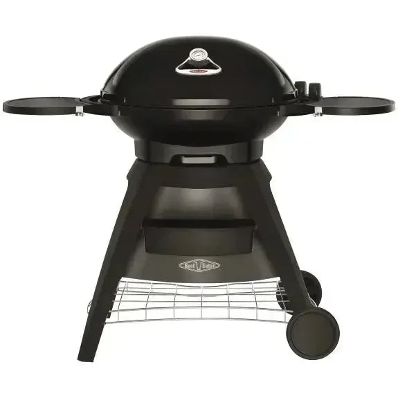 Black charcoal grill with side shelves and wheels, perfect for outdoor cooking and backyard BBQs