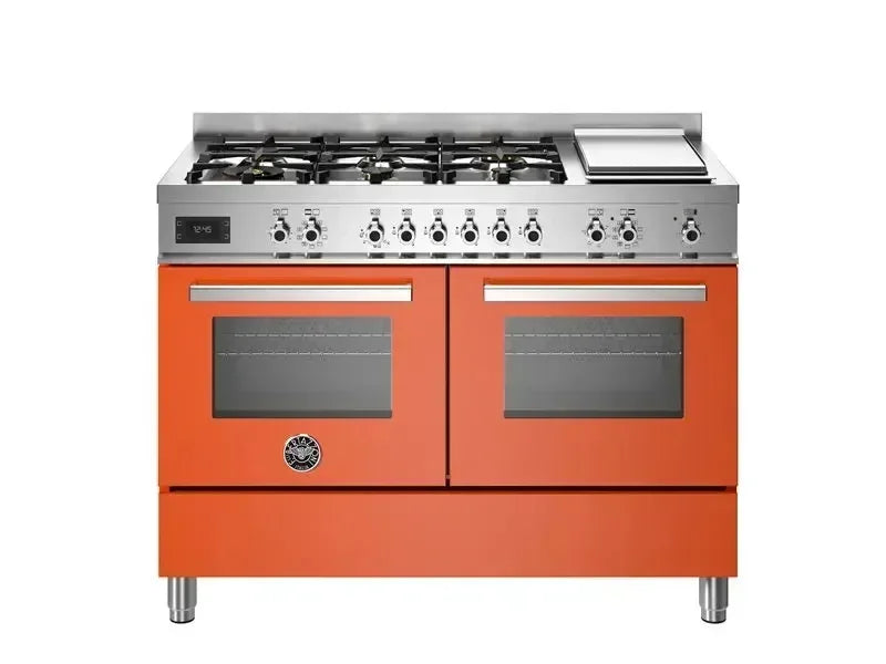 Vibrant orange dual oven range with gas cooktop and griddle, perfect for designer kitchens