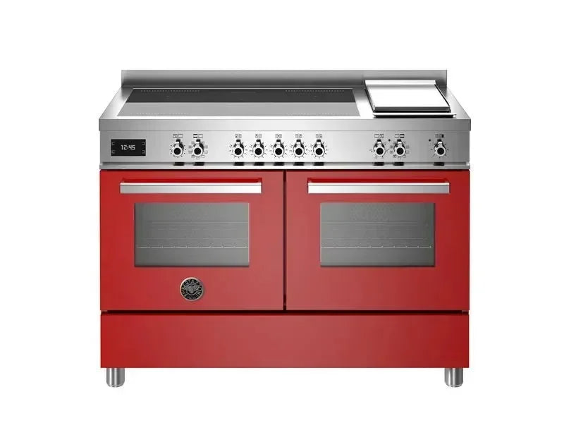 Vibrant red dual oven range with induction cooktop and stainless steel controls for modern kitchen design