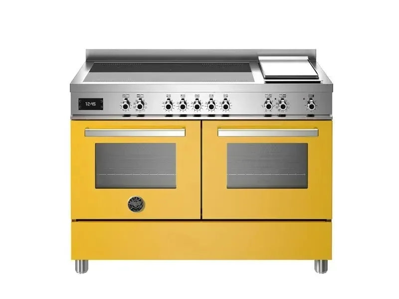 Vibrant yellow dual oven range with induction cooktop and stainless steel controls for modern kitchen design