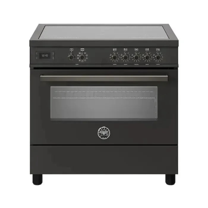 Black freestanding electric range with glass cooktop and oven, modern kitchen appliance