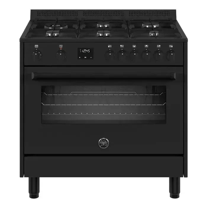Black freestanding gas range with oven, digital display, and control knobs for modern kitchen appliances