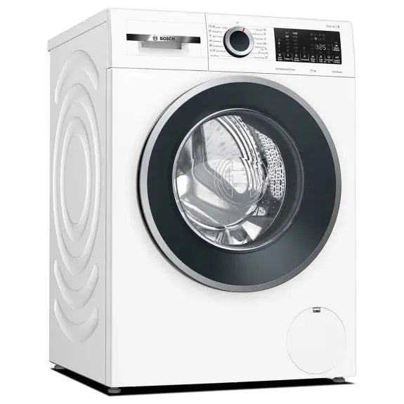 White Bosch front load washing machine with digital display and large glass door, ideal for modern laundry rooms.