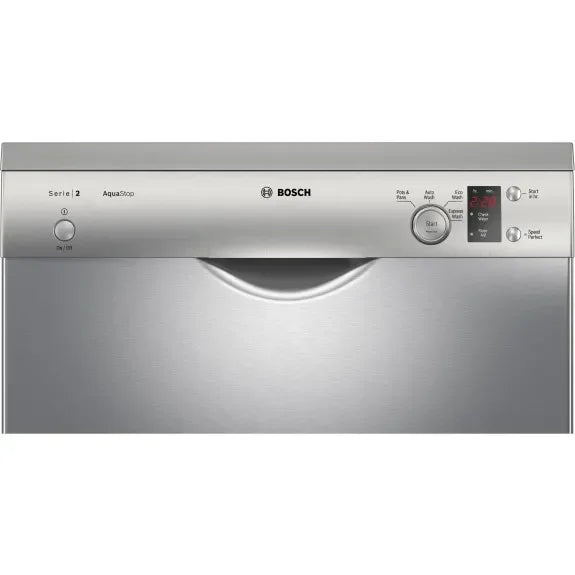 Bosch Serie 2 dishwasher with AquaStop, stainless steel finish, digital display, and control panel