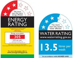 Energy and water rating labels showing efficiency metrics for appliances