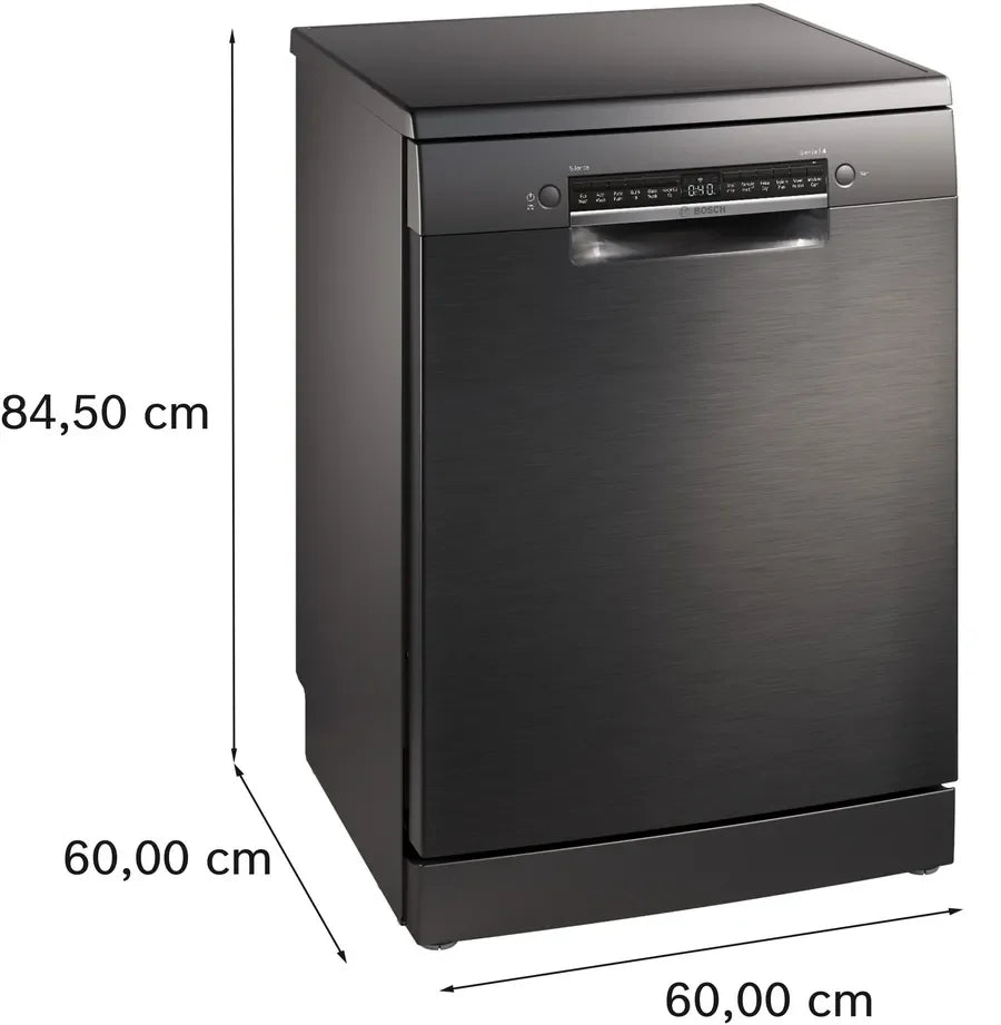 Black Bosch dishwasher with dimensions 84.5 x 60 x 60 cm, sleek modern design for kitchen use
