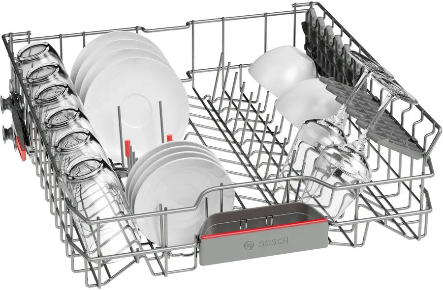 Bosch dishwasher rack with plates, glasses, and wine glasses neatly arranged