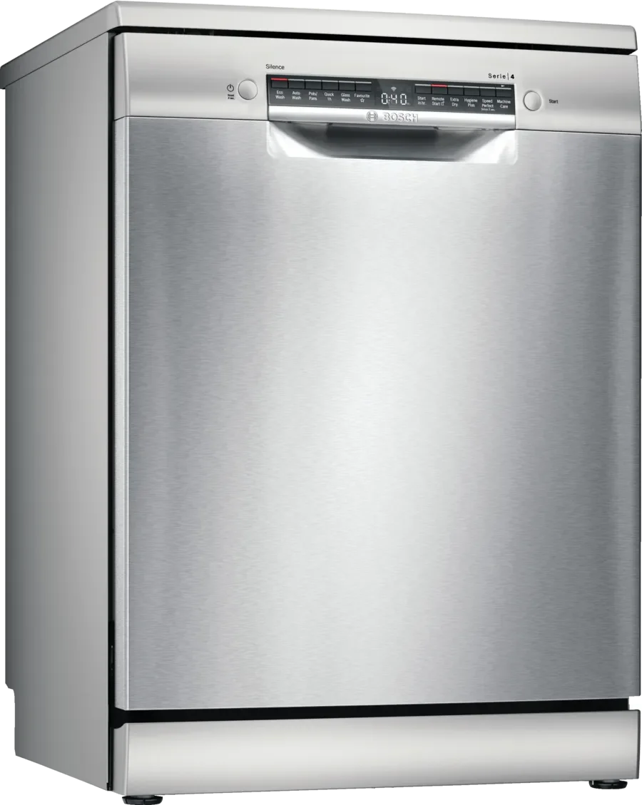 Stainless steel Bosch dishwasher with digital control panel, Series 4, featuring Silence mode and multiple wash cycles.