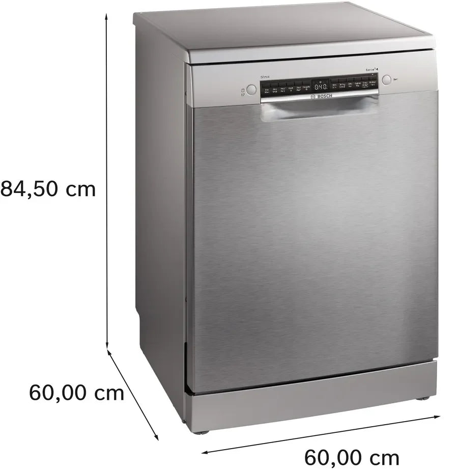 Stainless steel Bosch dishwasher with dimensions 84.5 x 60 x 60 cm, sleek modern design
