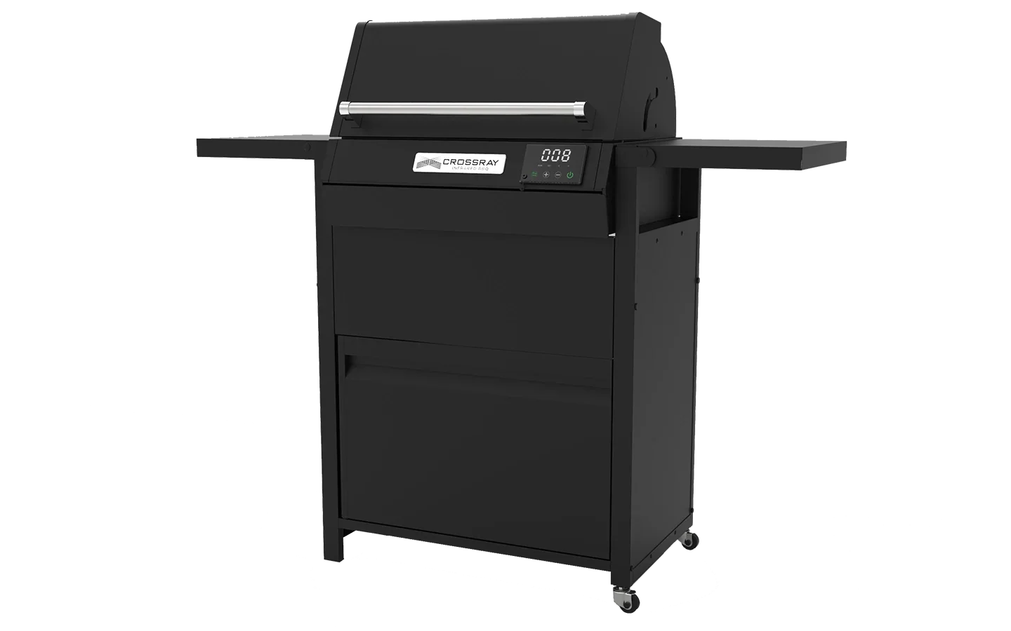 Black outdoor grill with digital display and side shelves