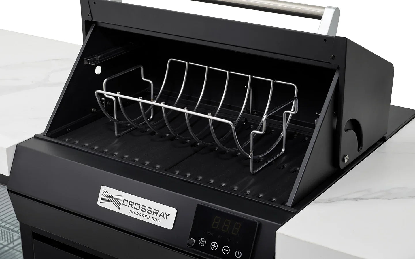 Crossray infrared BBQ grill with digital controls and metal rack on marble countertop