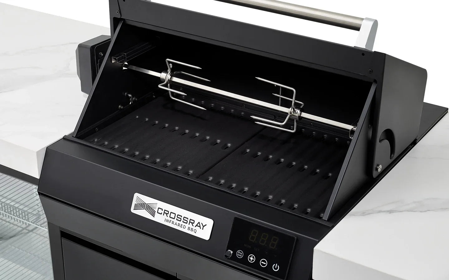 Crossray Infrared BBQ grill with rotisserie, sleek black design for modern kitchens
