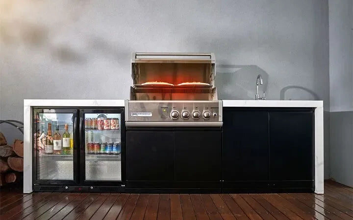 Falcon premium European glass black upright 1100mm induction cooker in modern kitchen setup