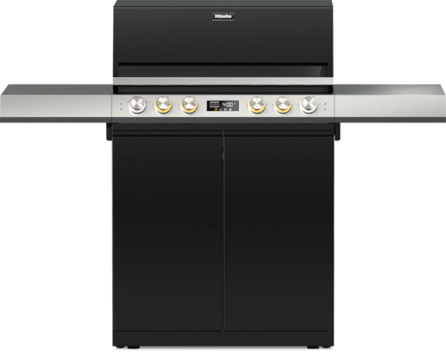Miele gas grill with a black cabinet body, stainless steel control panel and side tables.