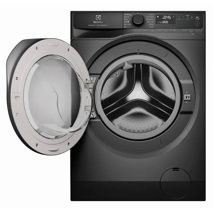 Black front-loading washing machine with open door and digital display