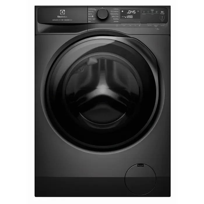 Electrolux black front load washing machine with digital display and control panel