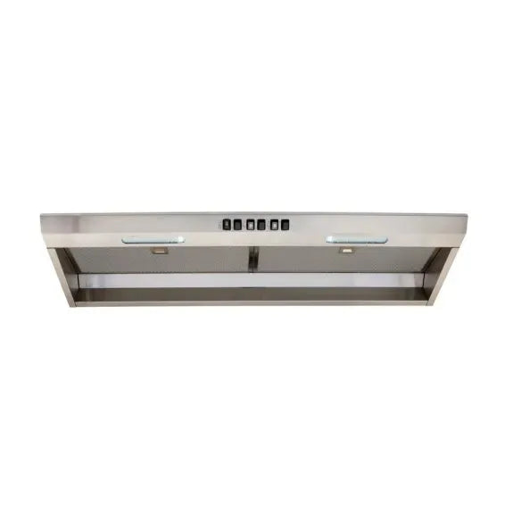 Stainless steel range hood with sleek design and control buttons, perfect for modern kitchen setups