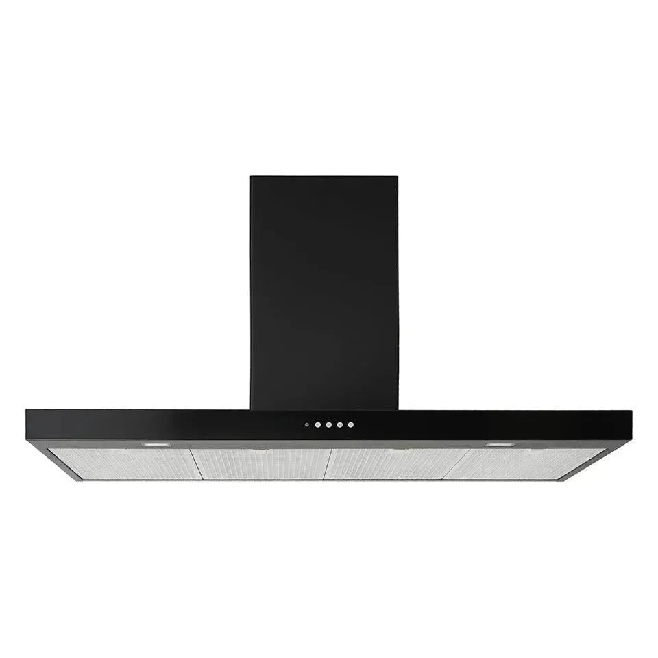Black modern kitchen range hood with stainless steel filters and control buttons