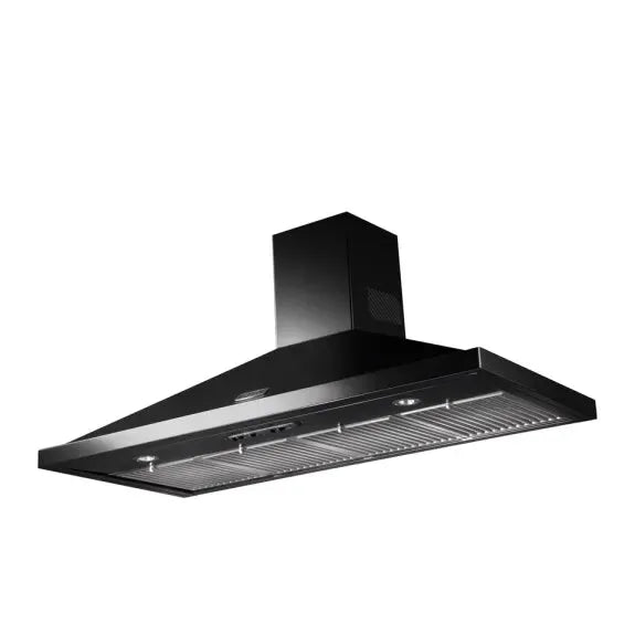 Black European-style kitchen range hood with sleek design and integrated lighting