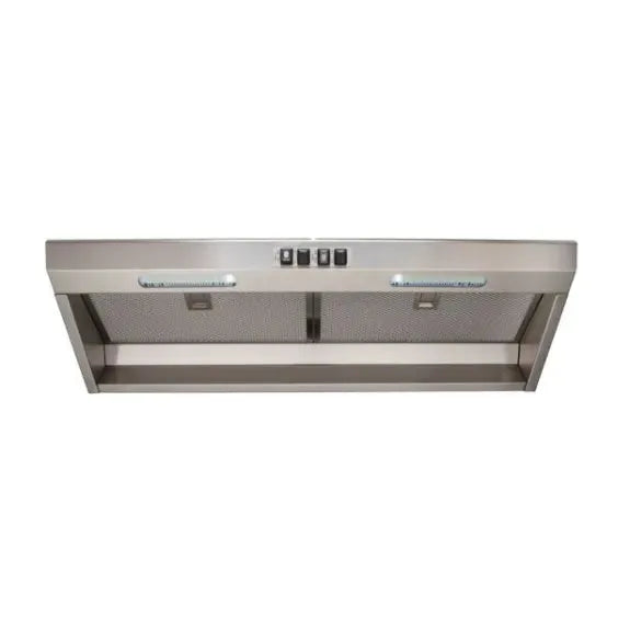 Stainless steel kitchen range hood with modern design and control buttons