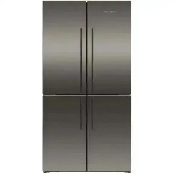 Stainless steel French door refrigerator with bottom freezer, modern kitchen appliance design