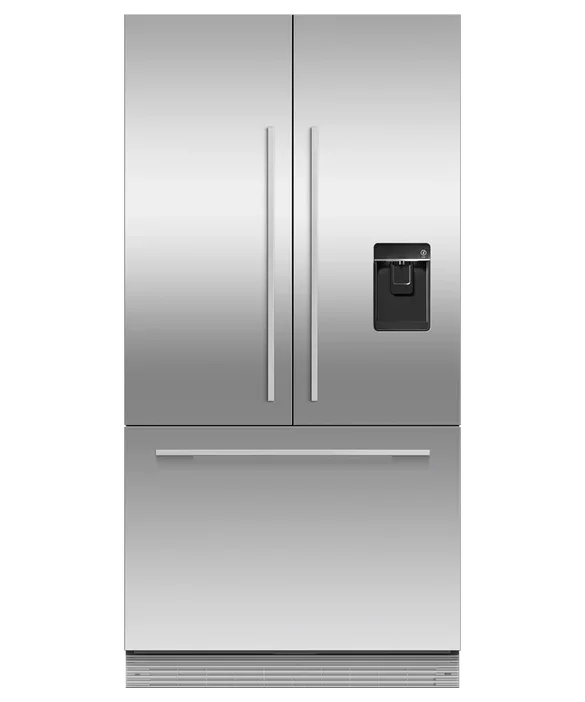 Stainless steel French door refrigerator with water dispenser, sleek modern kitchen appliance