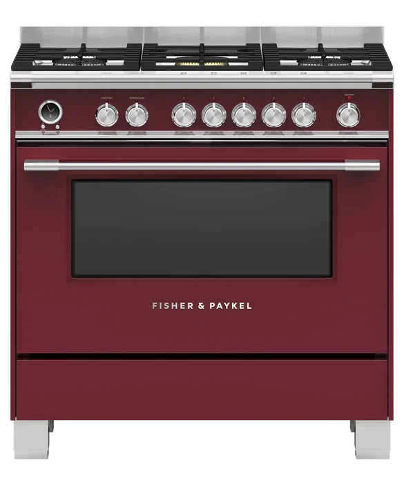 Fisher & Paykel red upright induction cooker with gas burners and control knobs