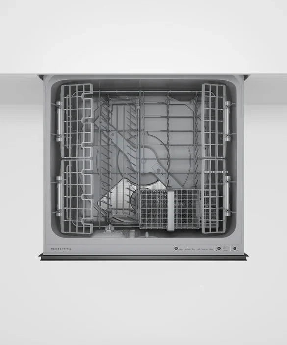 Fisher & Paykel dishwasher interior with adjustable racks and filter system