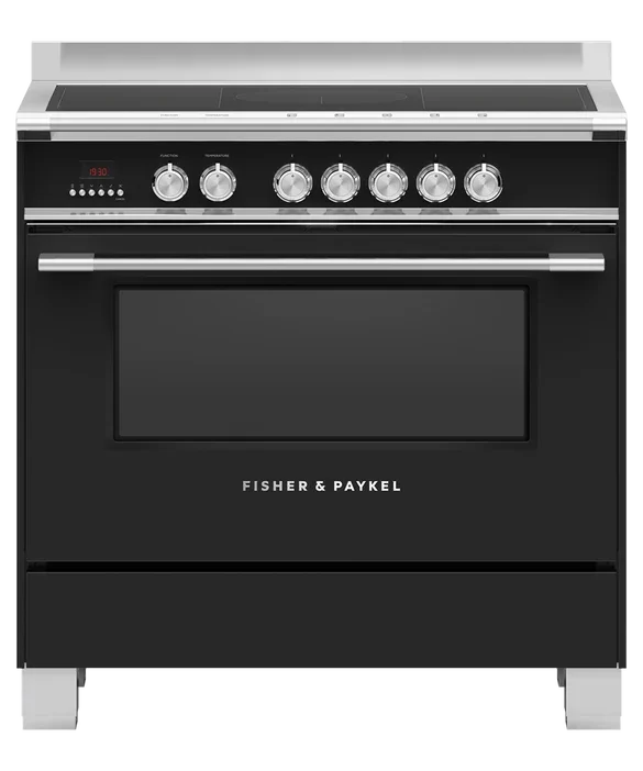Fisher & Paykel Black Upright Induction Cooker with Glass Surface and Chrome Knobs