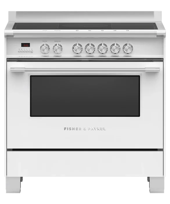 Fisher & Paykel white induction cooker with glass top and control knobs
