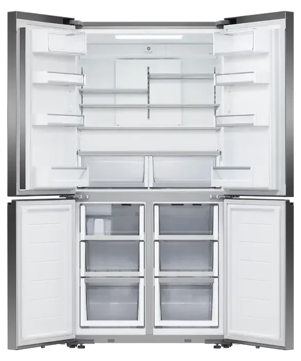 Spacious four-door French door refrigerator with adjustable glass shelves and clear storage bins