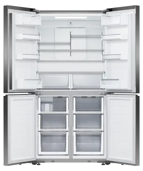 Spacious four-door French door refrigerator with adjustable glass shelves and clear storage bins