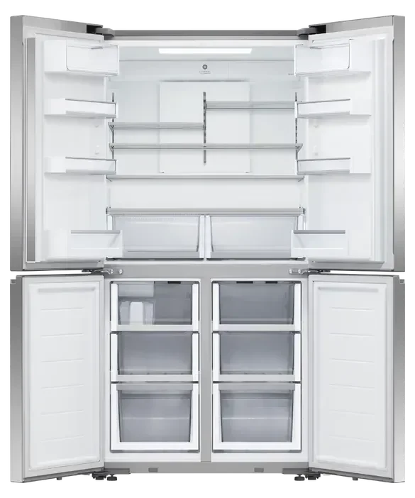 Large French door refrigerator with glass shelves, spacious freezer drawers, and sleek interior.