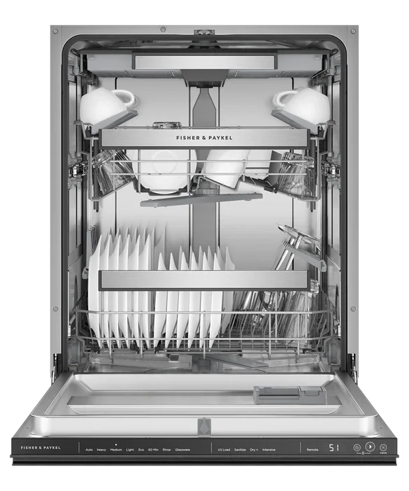 Fisher & Paykel dishwasher with clean dishes and glassware inside, modern kitchen appliance
