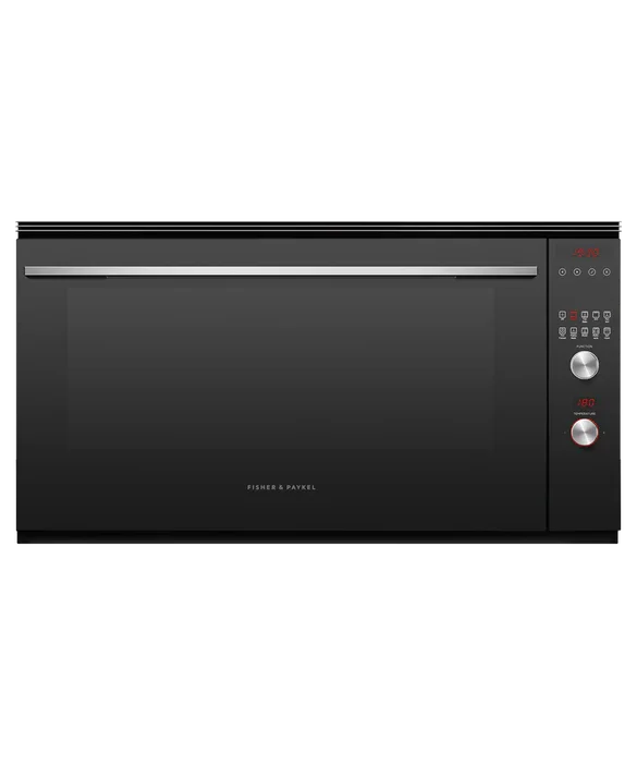 Fisher & Paykel black glass microwave with digital controls and sleek design