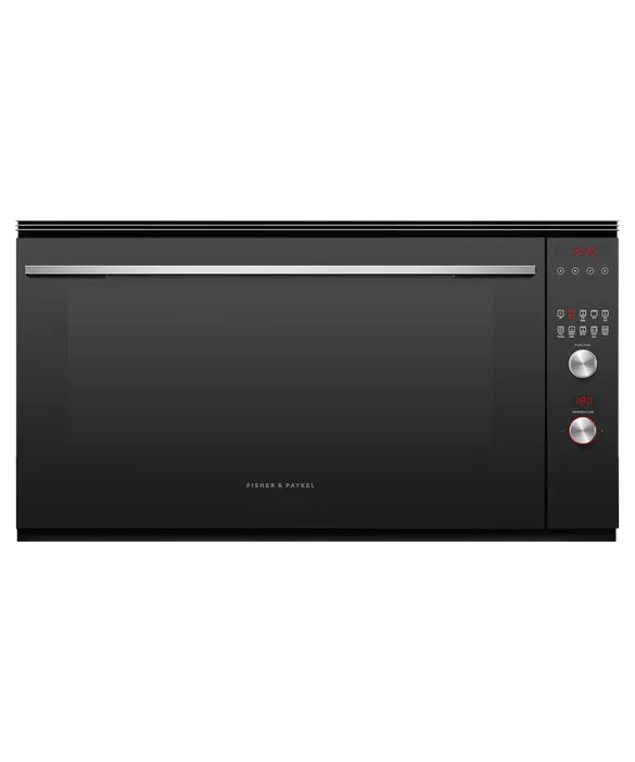 Fisher & Paykel black glass microwave with digital controls and sleek design