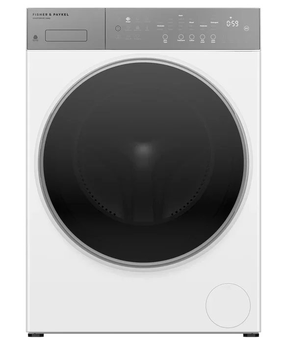 Fisher & Paykel white front-load washing machine with digital controls