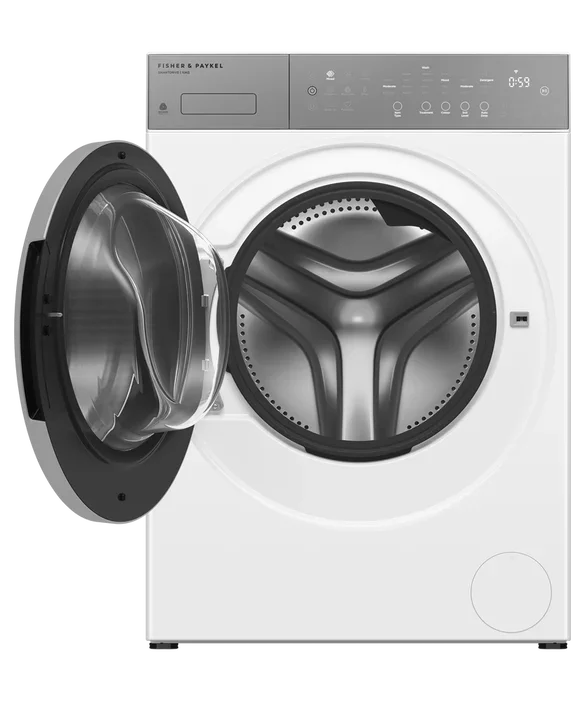 Fisher & Paykel front load washing machine with open door and sleek control panel