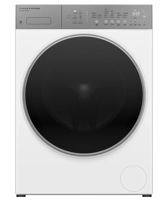 Fisher & Paykel white front-load washing machine with digital controls