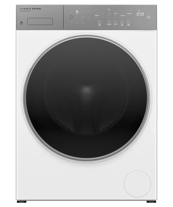 Fisher & Paykel white front-load washing machine with digital control panel and large glass door