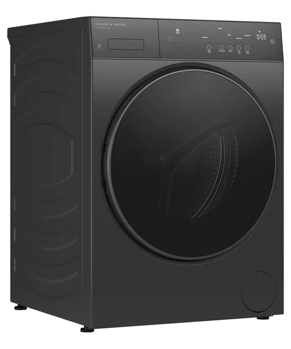 Fisher & Paykel black front-load washing machine with digital control panel and sleek design