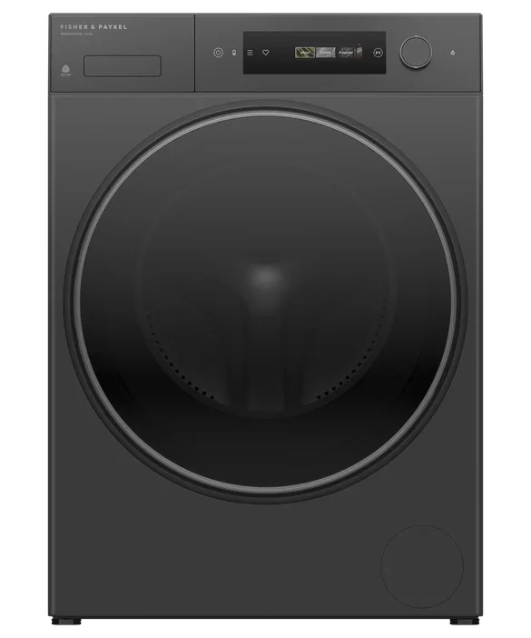 Fisher & Paykel black front load washing machine with digital display and control panel