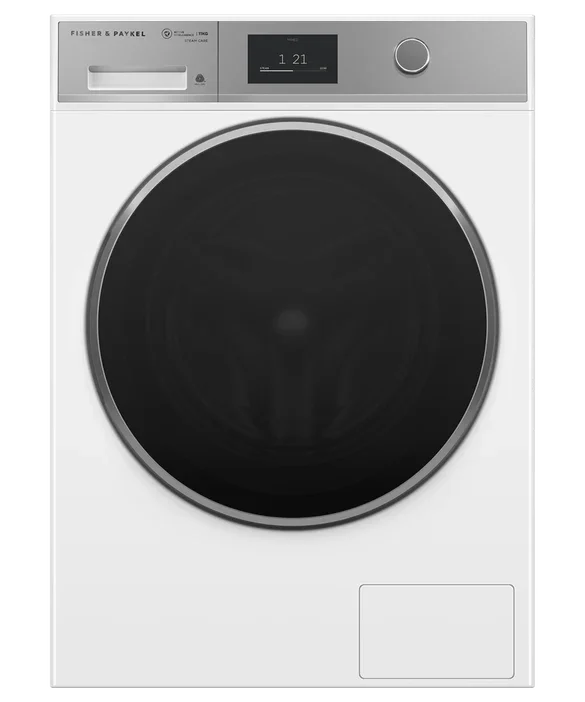 Fisher & Paykel front load washing machine with digital display and sleek design