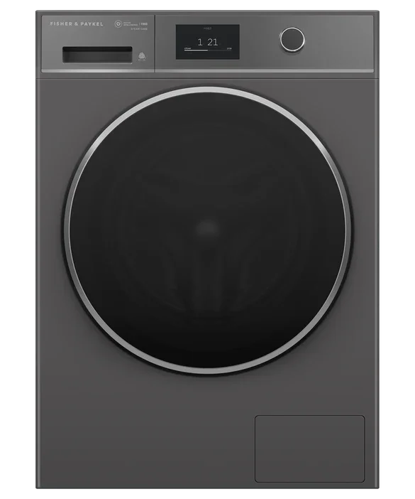 Fisher & Paykel front load washing machine with digital display and sleek black design