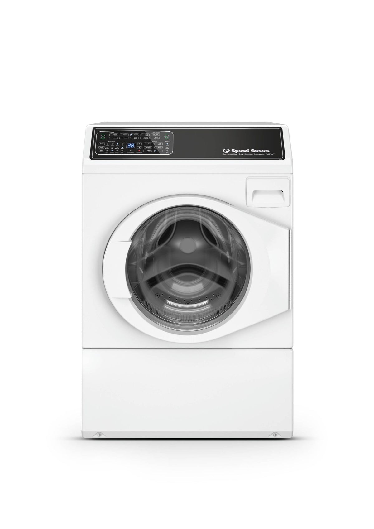 Speed Queen front load washing machine in white with digital control panel