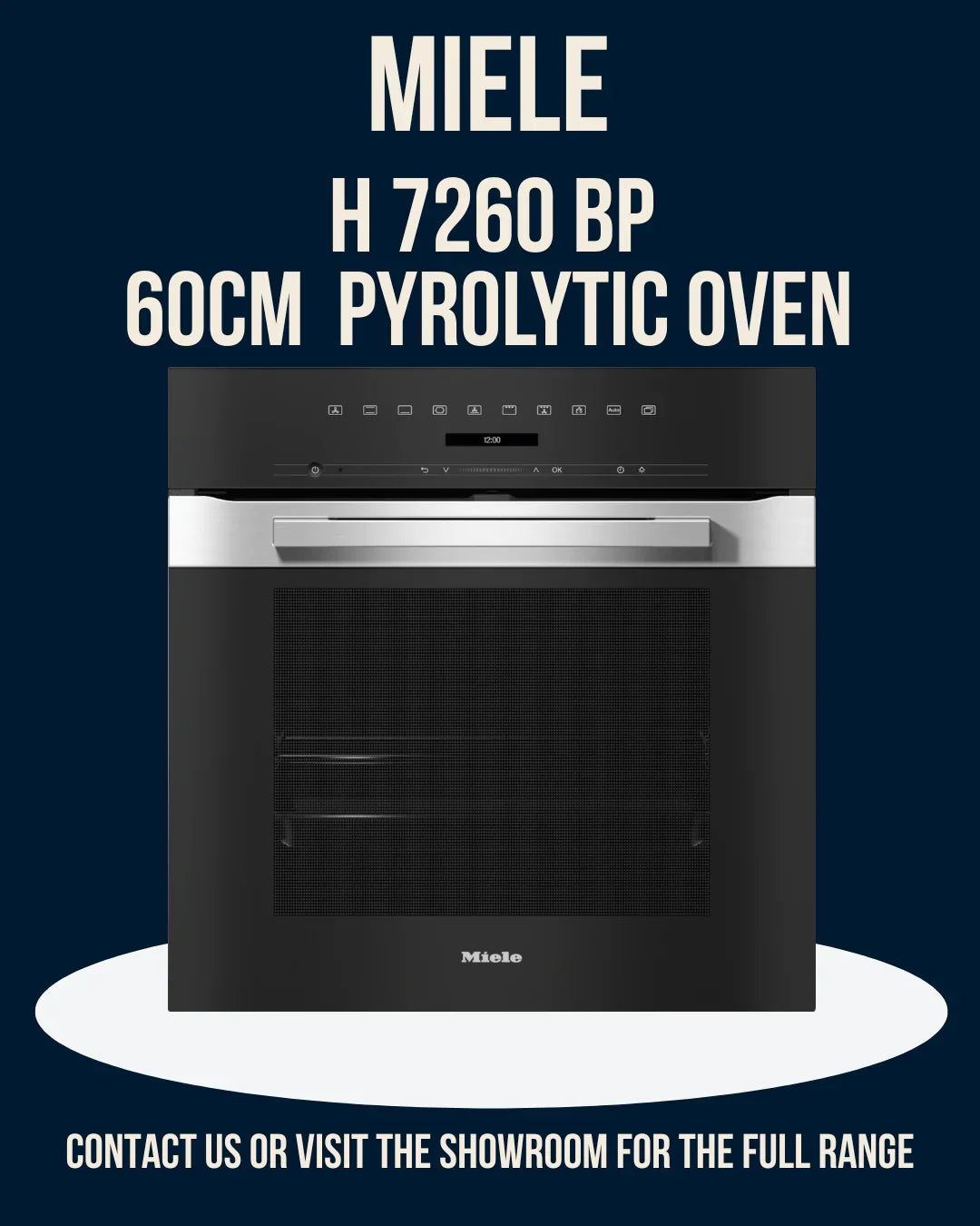 Miele H7260BP 60cm pyrolytic oven with black glass finish and stainless steel handle, modern kitchen appliance