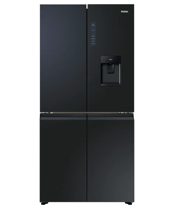 Haier black French door refrigerator with water dispenser, sleek modern kitchen appliance