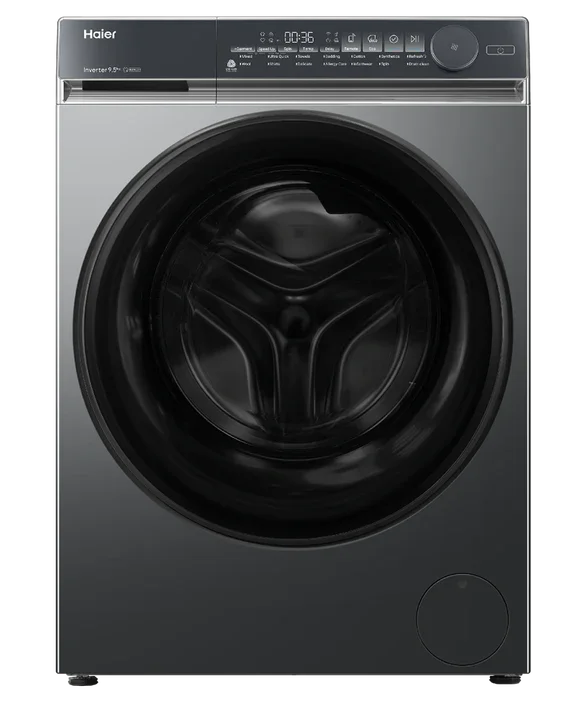 Haier front-load washing machine with digital display and sleek black design