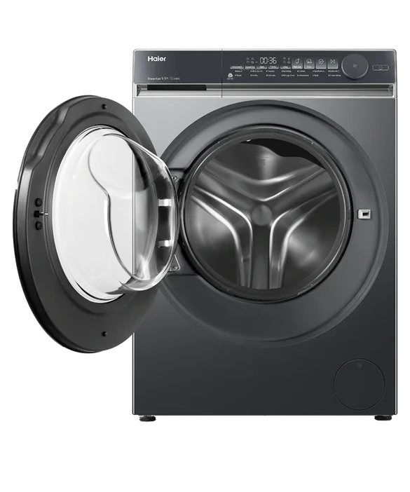 Haier front-load washing machine with open door and sleek black design