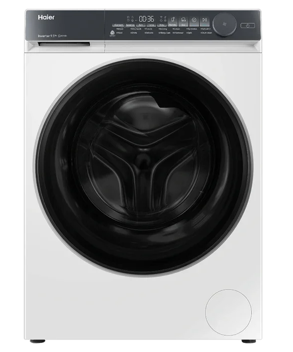 Haier front load washing machine with digital control panel and large black drum door